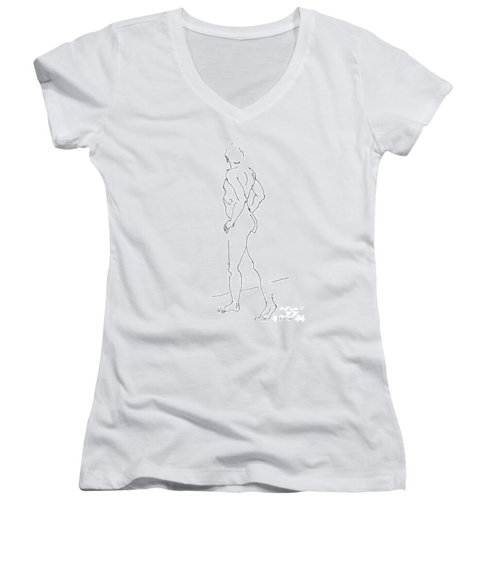 Male Women's V-Neck featuring the drawing Nude_Male_Drawing_28 by Gordon Punt