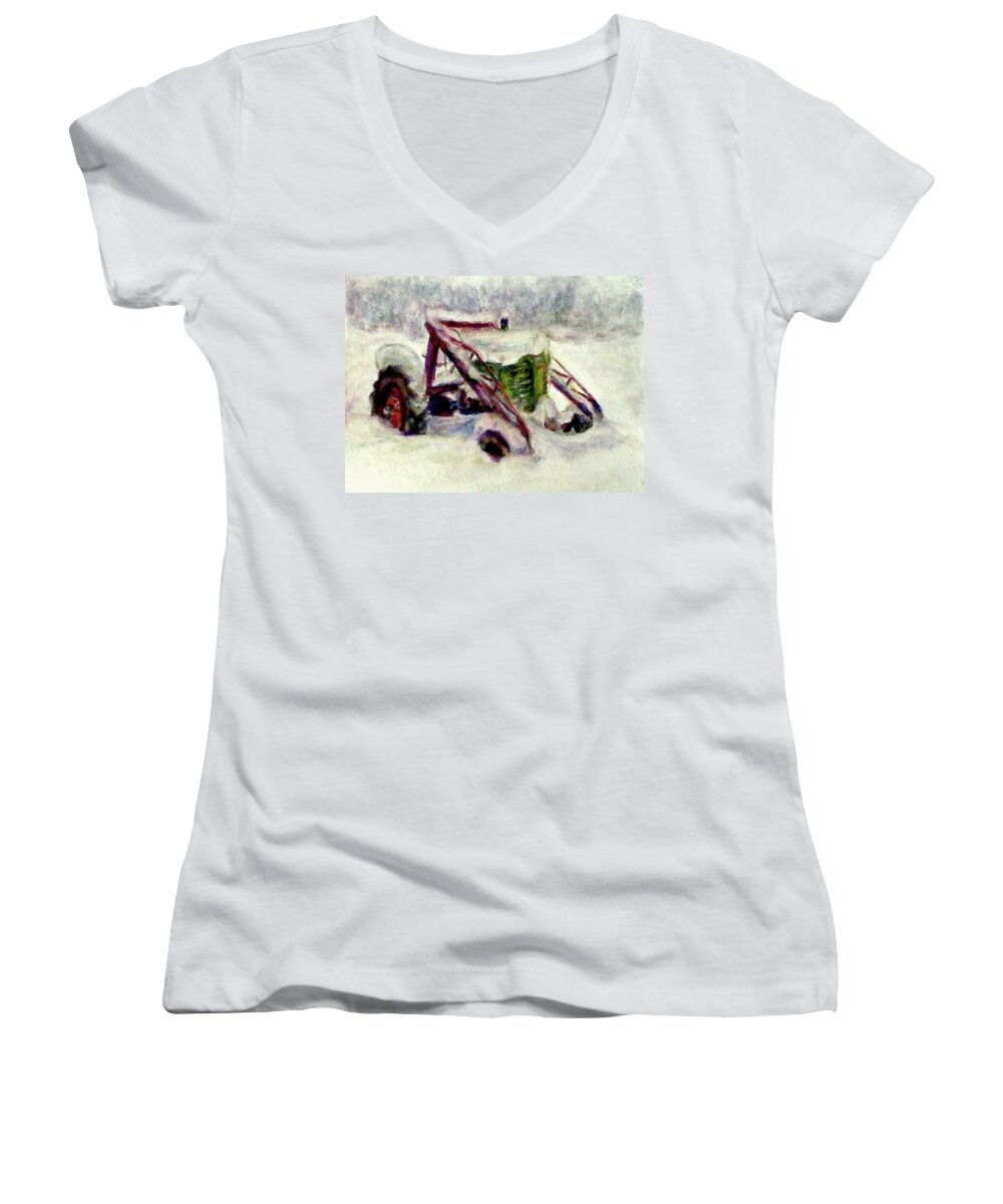 John Deere A Women's V-Neck featuring the painting Old John Deere in Snow - Watercolor Painting by Quin Sweetman