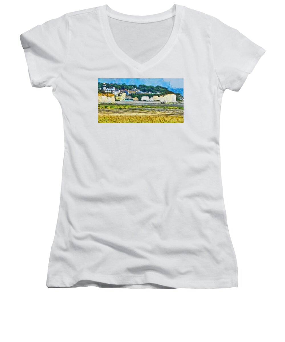 Pegwell Women's V-Neck featuring the digital art Pegwell Bay by Steve Taylor