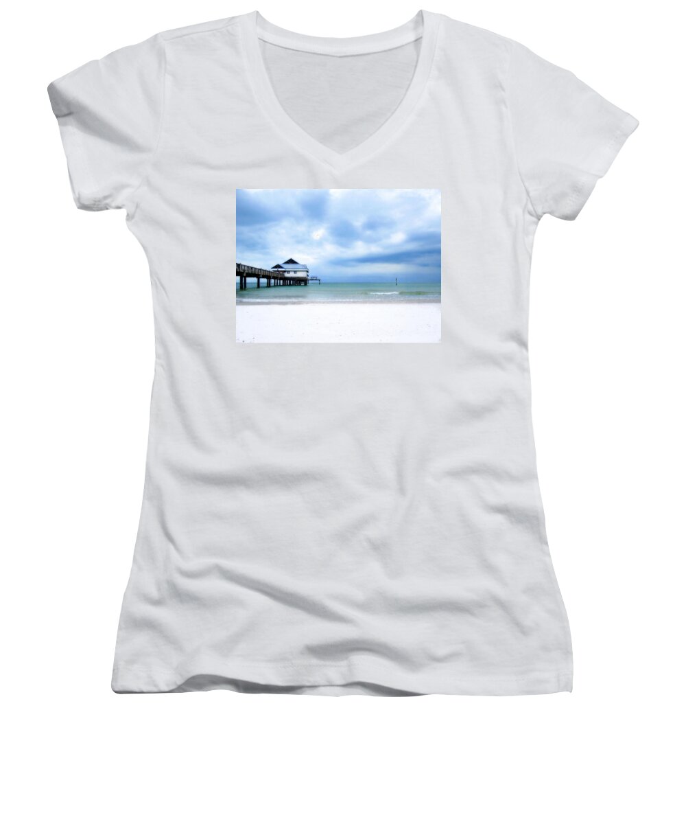 Clearwater Women's V-Neck featuring the photograph Pier 60 at Clearwater Beach Florida by Angela Rath