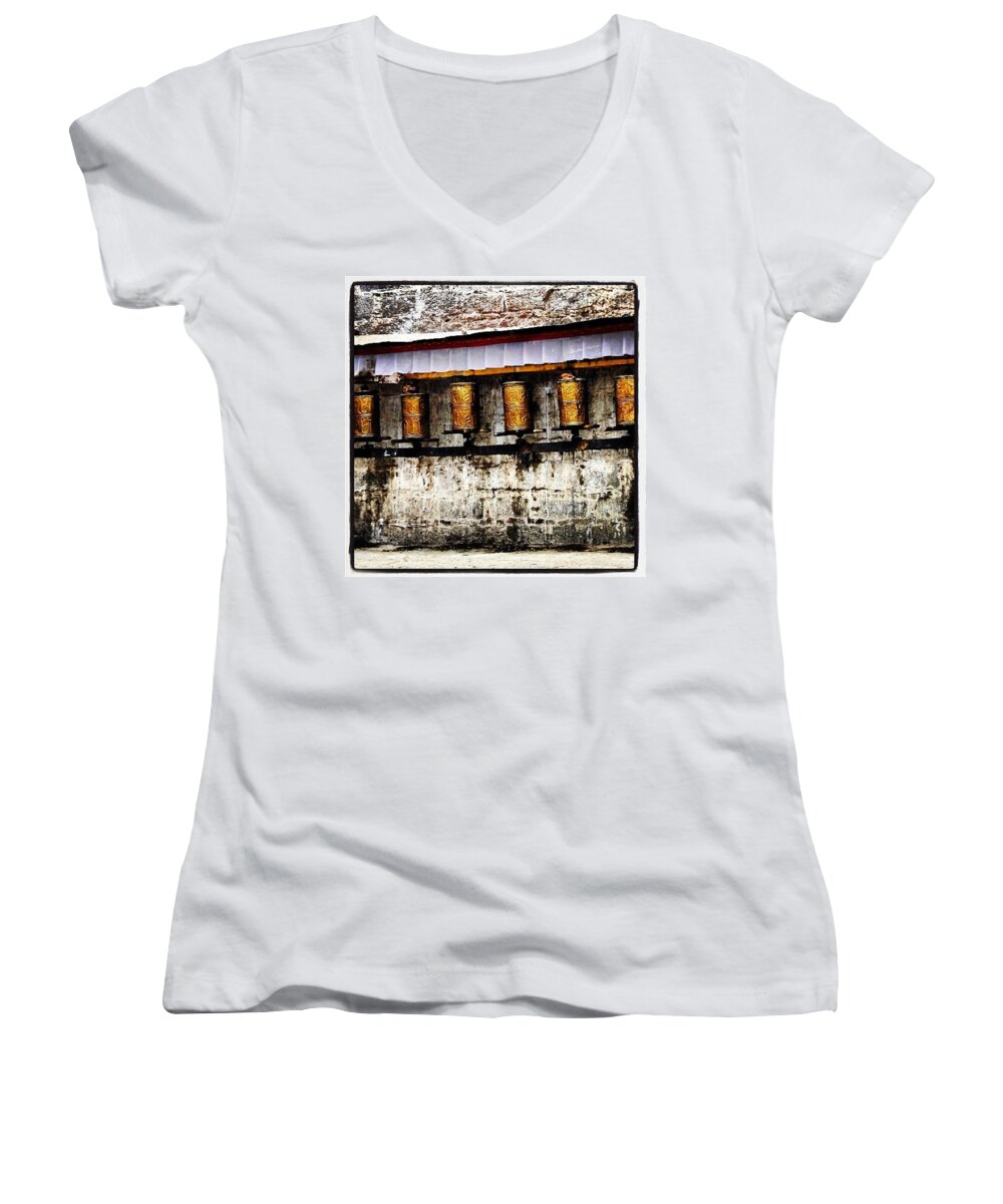 Hkellex13 Women's V-Neck featuring the photograph Prayer Wheels by Lorelle Phoenix