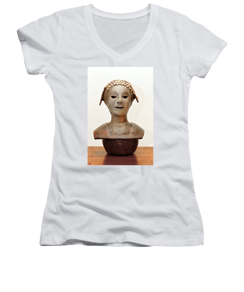Roma Women's V-Neck featuring the sculpture Roman mask torso lady with head cover face eyes large nose mouth shoulders by Rachel Hershkovitz
