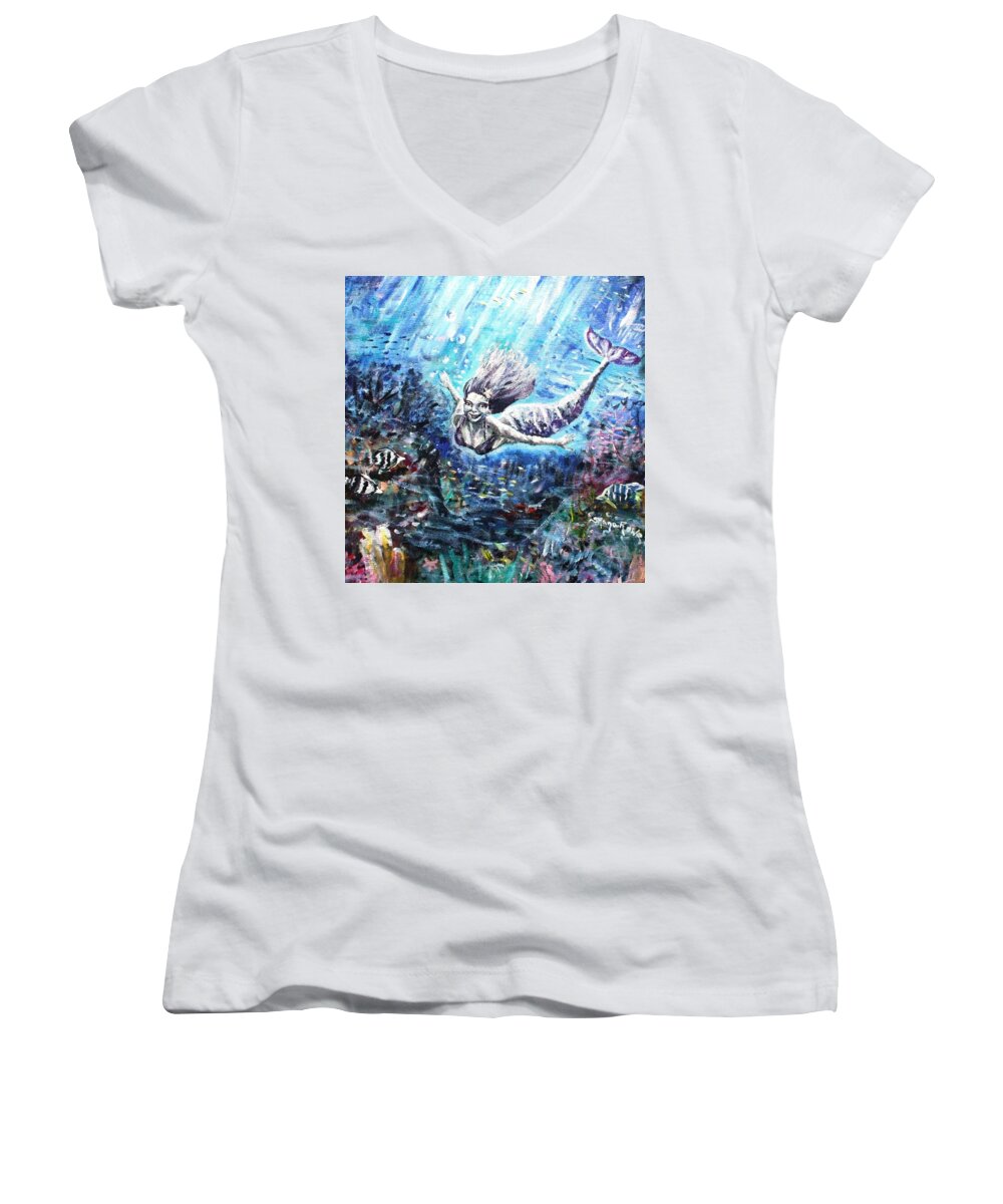 Sea Women's V-Neck featuring the painting Sea Surrender by Shana Rowe Jackson
