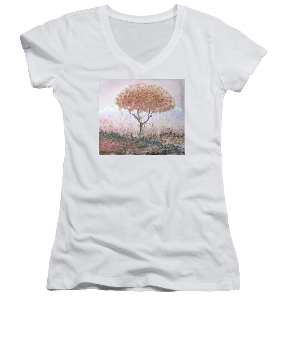 Silk Women's V-Neck featuring the painting Silk Tree in brown and purple by Rachel Hershkovitz