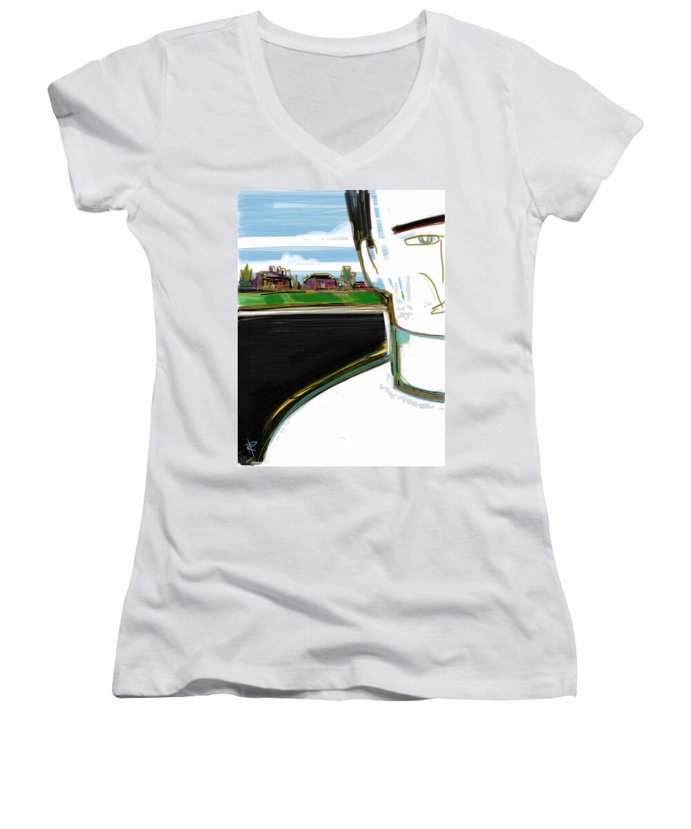Portrait Women's V-Neck featuring the mixed media Suburban guy by Russell Pierce