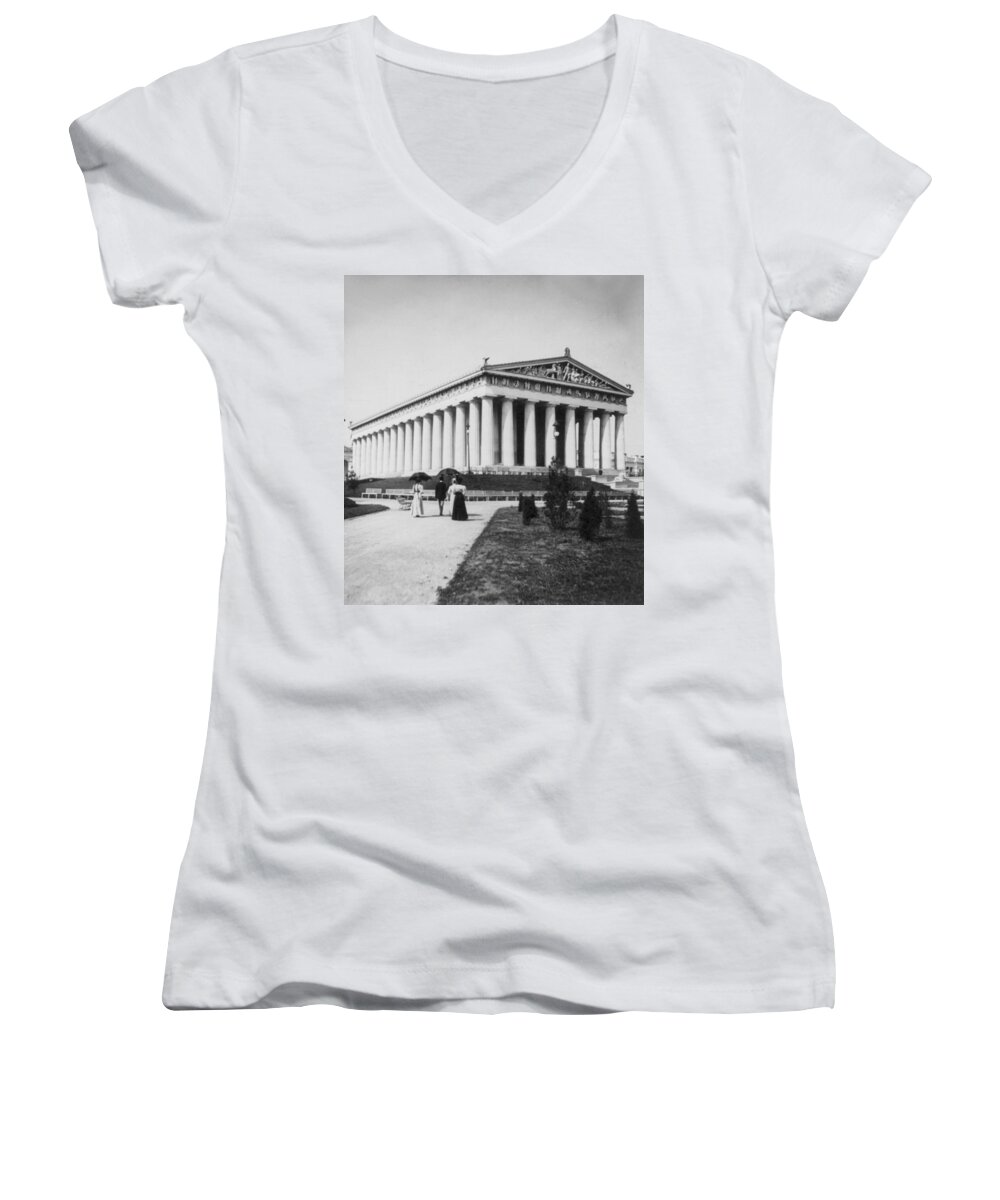 Parthenon Women's V-Neck featuring the photograph Tennessee Centennial in Nashville - The Parthenon - c 1897 by International Images