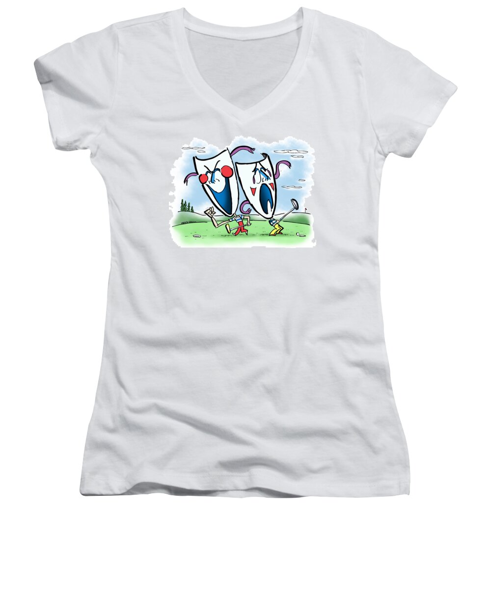 Golf Women's V-Neck featuring the digital art The Two Faces Of Golf by Mark Armstrong