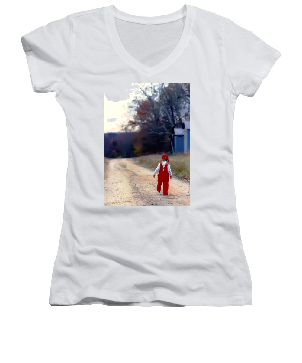 Country Women's V-Neck featuring the photograph Walking on PawPaw's Road by KG Thienemann