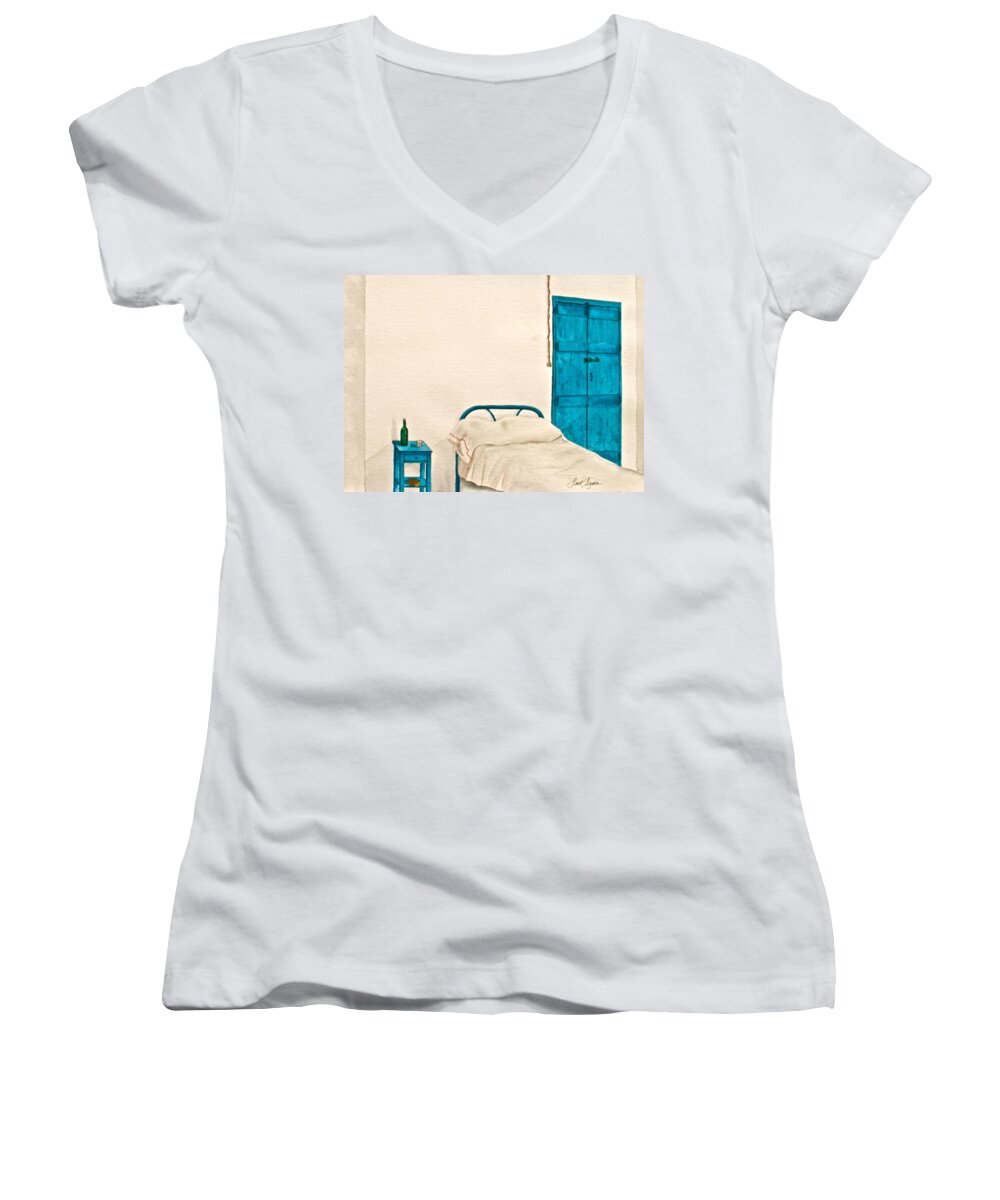 White Women's V-Neck featuring the painting White Room by Frank SantAgata