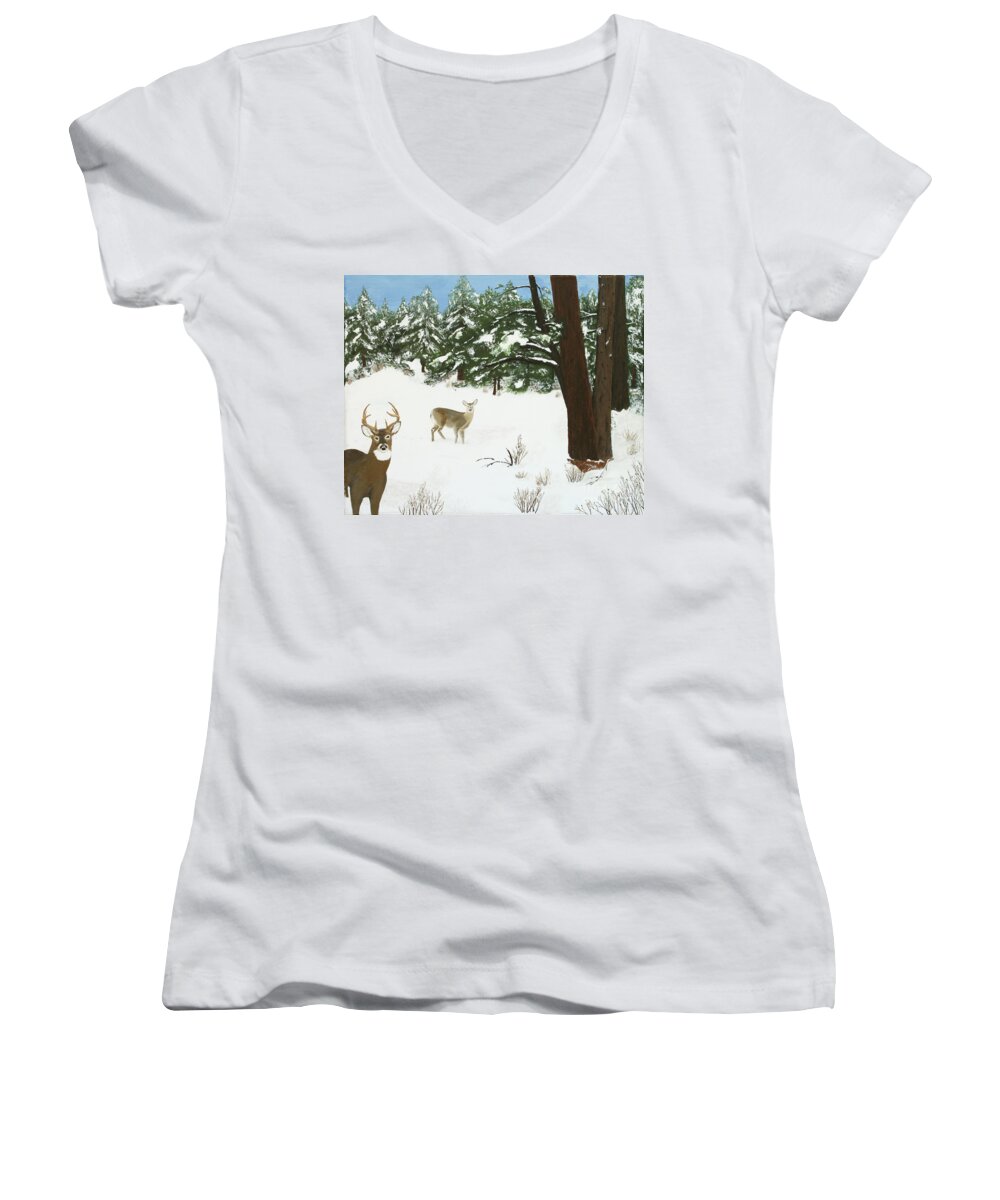 Winterscape Women's V-Neck featuring the painting Wintering Whitetails by L J Oakes