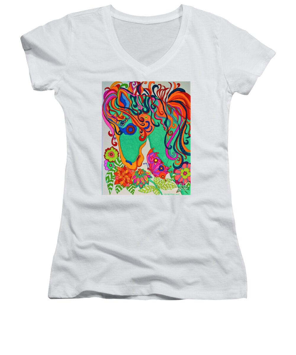 Horse Women's V-Neck featuring the drawing A Rainbow Called Romeo #1 by Alison Caltrider