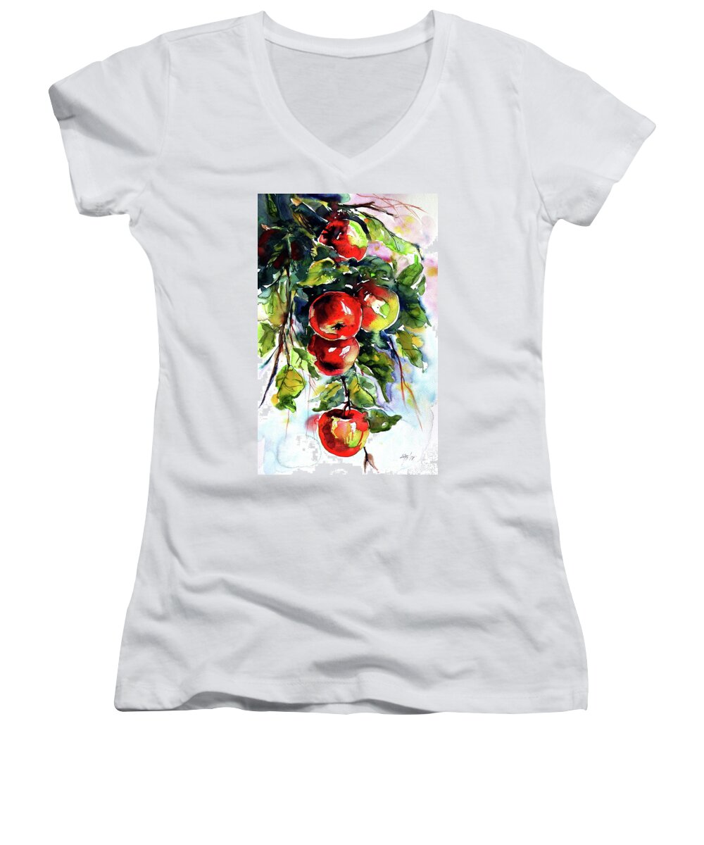 Apples Women's V-Neck featuring the painting Apples #1 by Kovacs Anna Brigitta