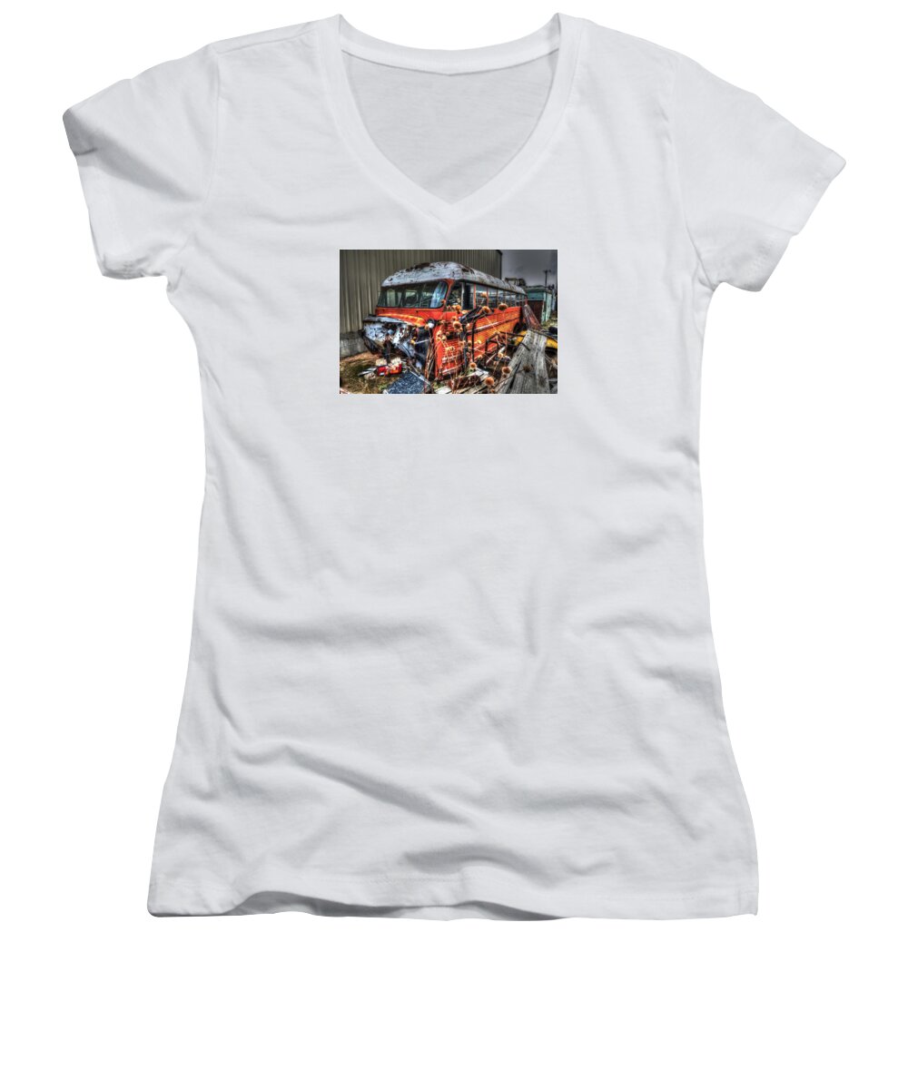 Salvage Yard Women's V-Neck featuring the photograph Bus Ride #1 by Craig Incardone