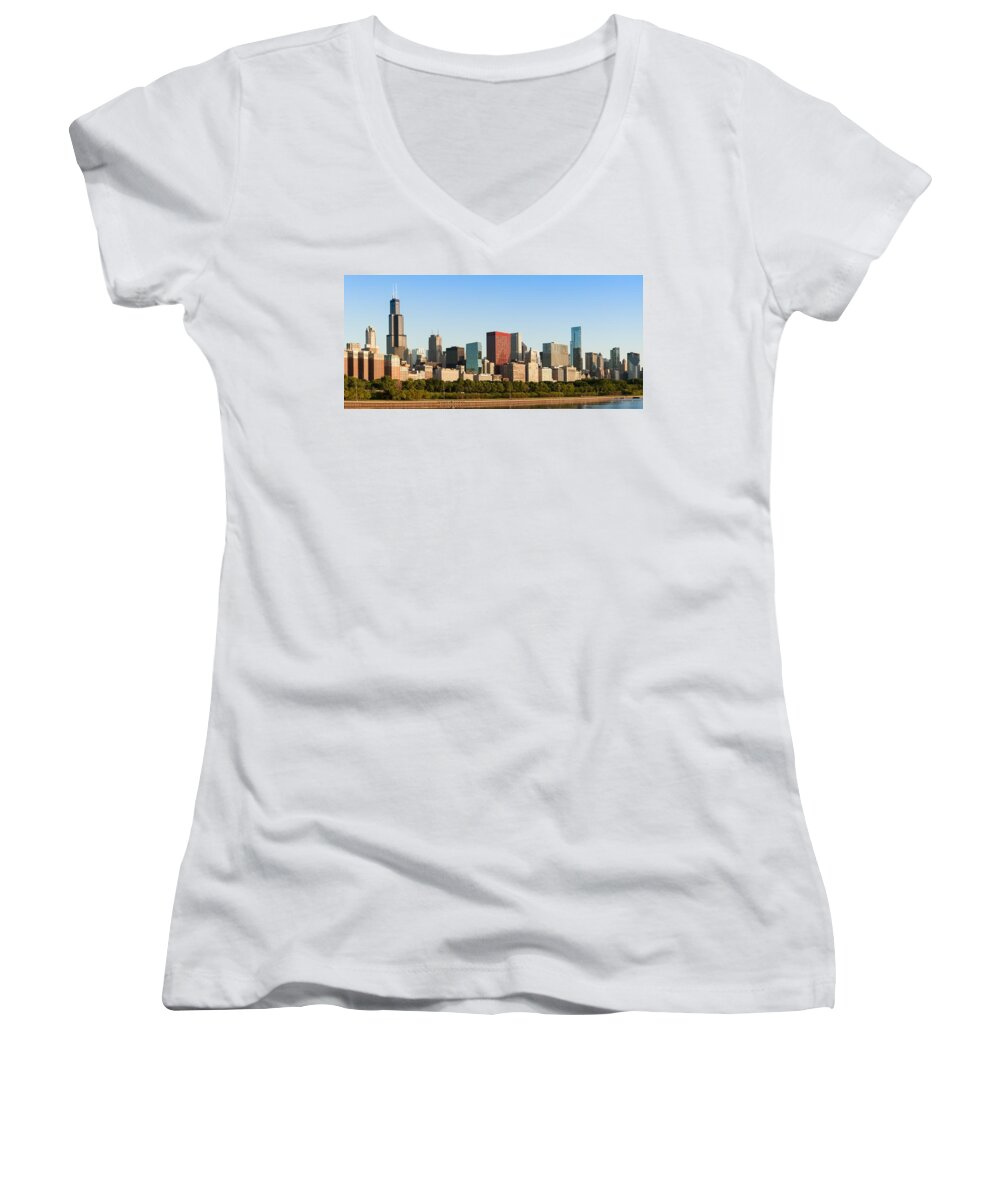 Architecture Women's V-Neck featuring the photograph Chicago Downtown at Sunrise #1 by Semmick Photo