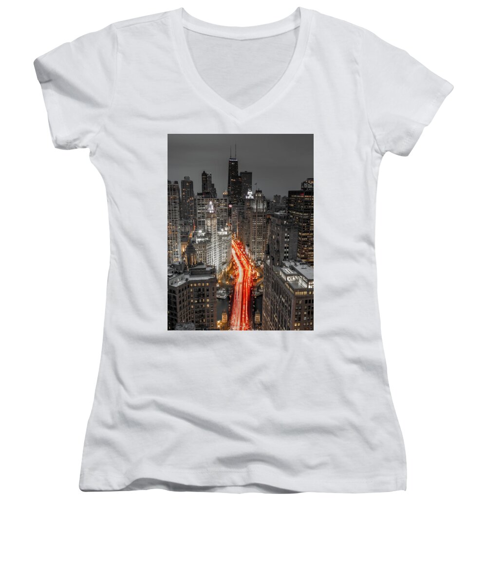 Chicago Women's V-Neck featuring the photograph Chicago Magnificent Mile #1 by Lev Kaytsner