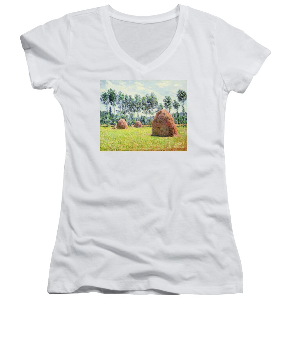 Haystacks At Giverny Women's V-Neck featuring the painting Haystacks at Giverny by Claude Monet
