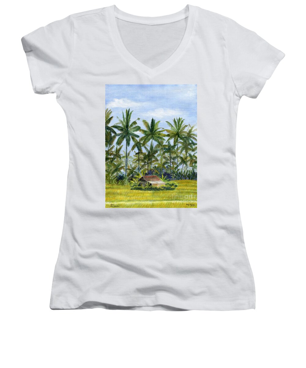 Ubud Women's V-Neck featuring the painting Home Bali Ubud Indonesia #1 by Melly Terpening