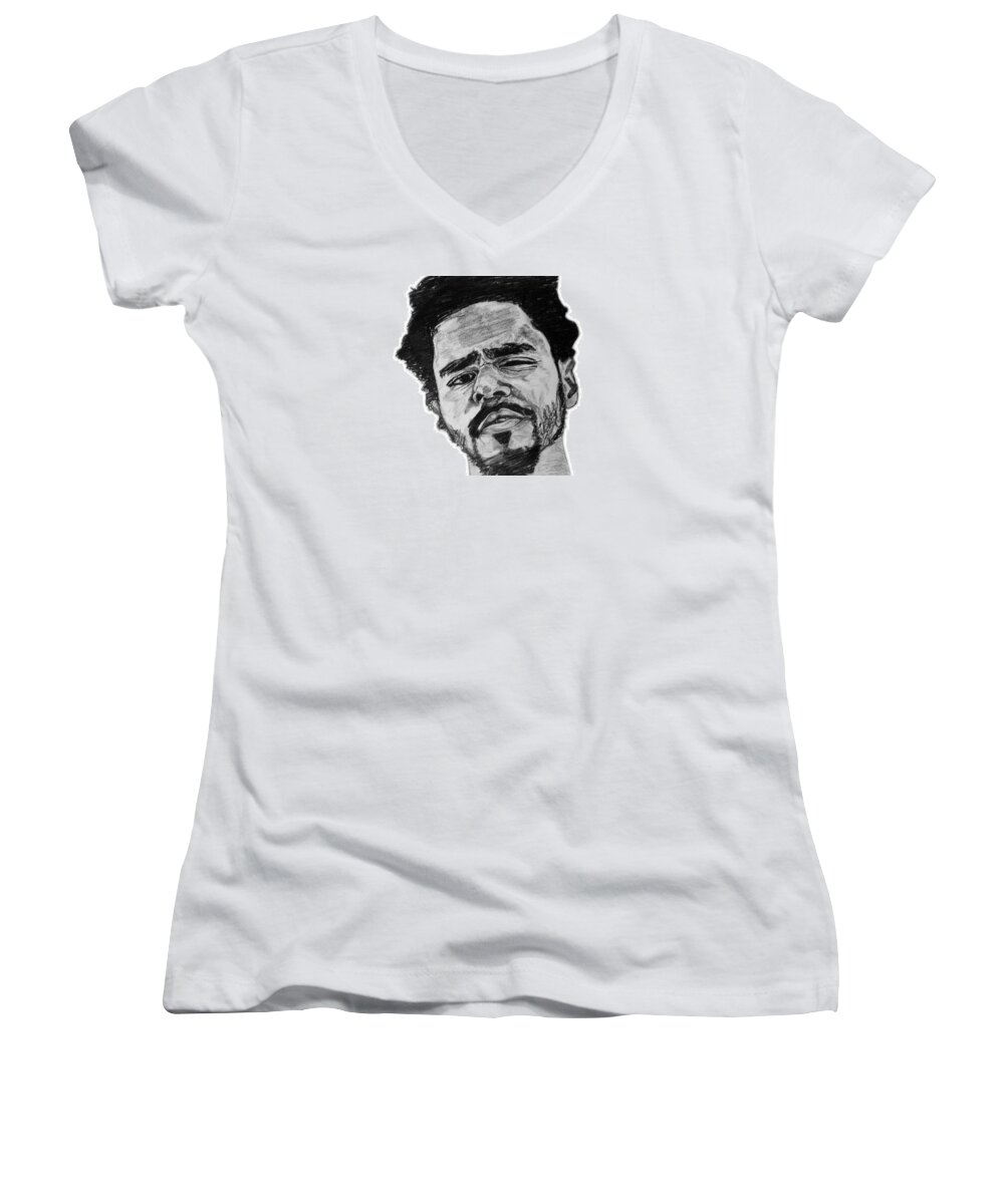 Jermaine Cole Women's V-Neck featuring the painting J Cole #1 by Rachel Natalie Rawlins