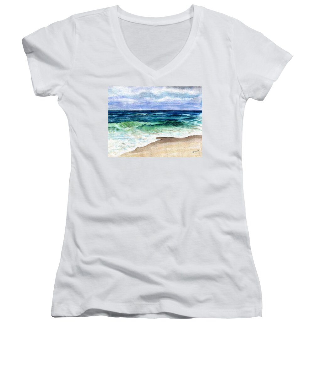 Jersey Shore Women's V-Neck featuring the painting Jersey Shore #1 by Clara Sue Beym