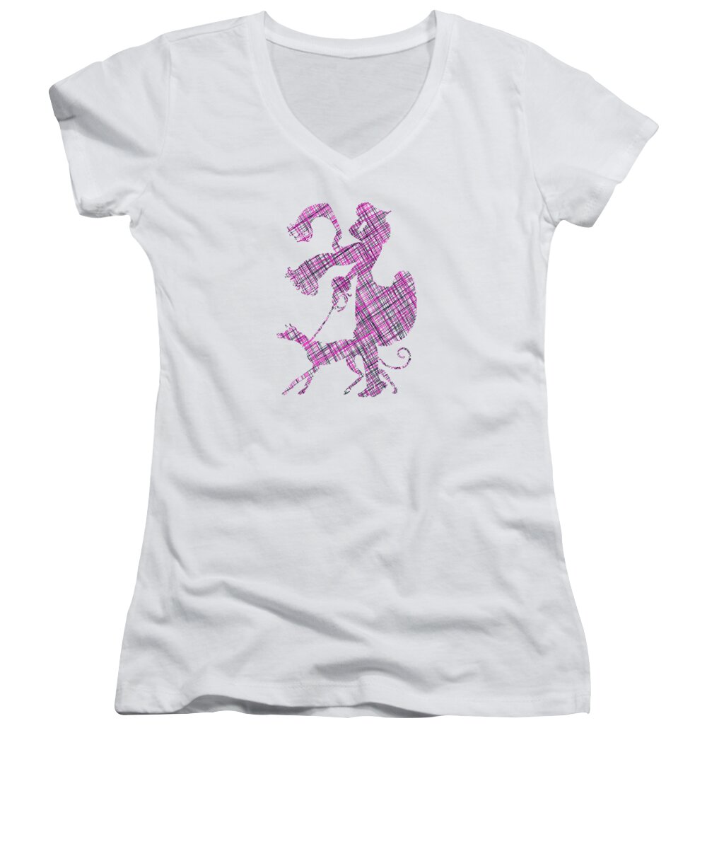 Lady Women's V-Neck featuring the digital art Lady Dog Walker Threads Transparent Background #1 by Barbara St Jean