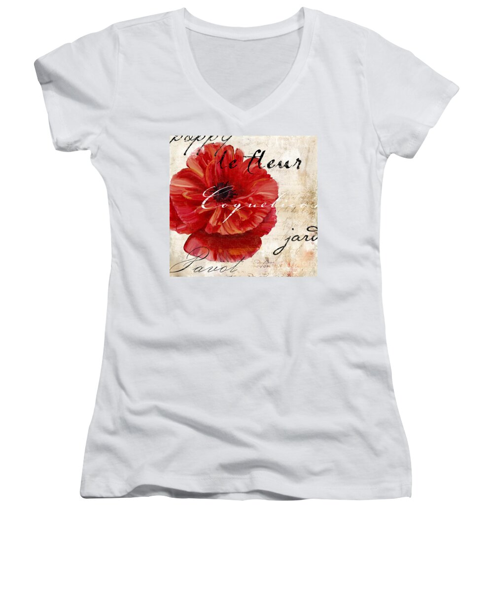 Poppy Women's V-Neck featuring the painting Le Pavot #3 by Mindy Sommers