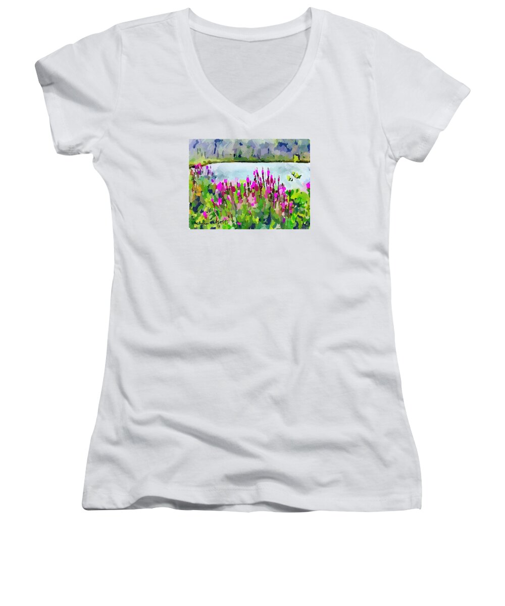 Pond Women's V-Neck featuring the painting Loosestrife Blooming At Sleepy Hollow Pond #1 by Melissa Abbott