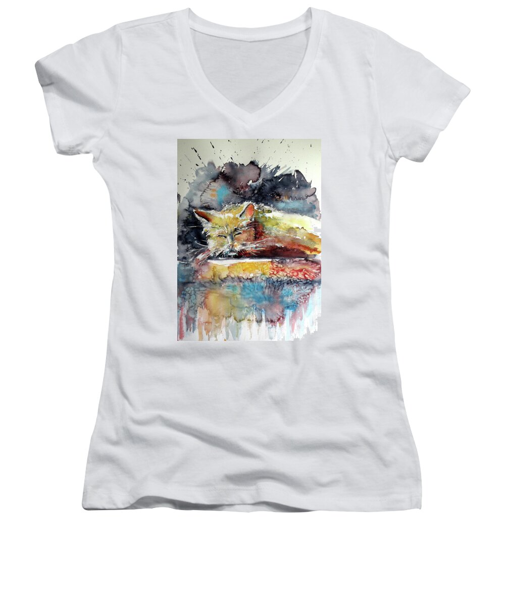 Old Women's V-Neck featuring the painting Old cat resting #1 by Kovacs Anna Brigitta