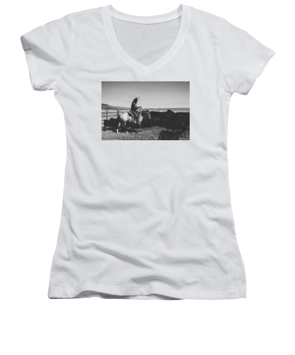 Roundup Women's V-Neck featuring the photograph Roundup Time #1 by Mountain Dreams