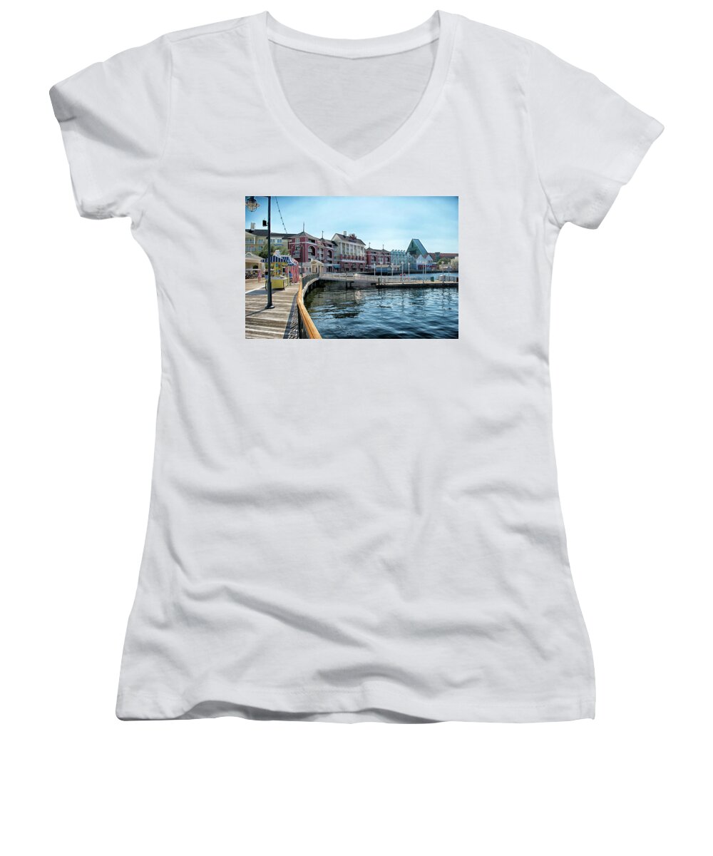 Boardwalk Women's V-Neck featuring the photograph Strolling On The Boardwalk At Disney World MP by Thomas Woolworth