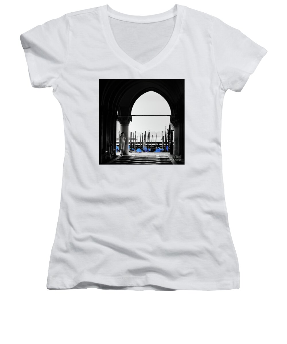 B&w Women's V-Neck featuring the photograph Woman At Doges Palace #1 by Doug Sturgess
