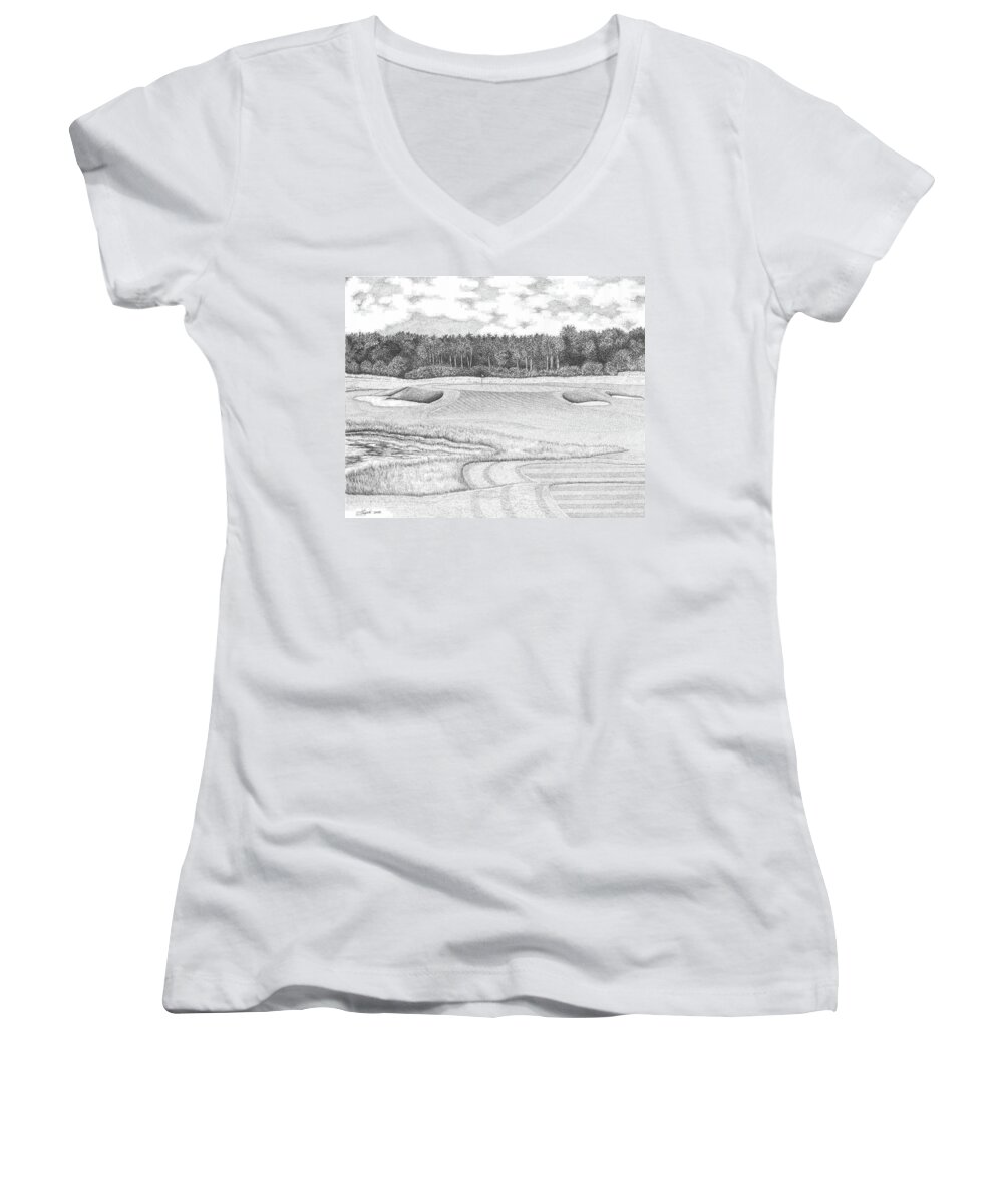 Golf Women's V-Neck featuring the drawing 11th Hole - Trump National Golf Club by Lawrence Tripoli