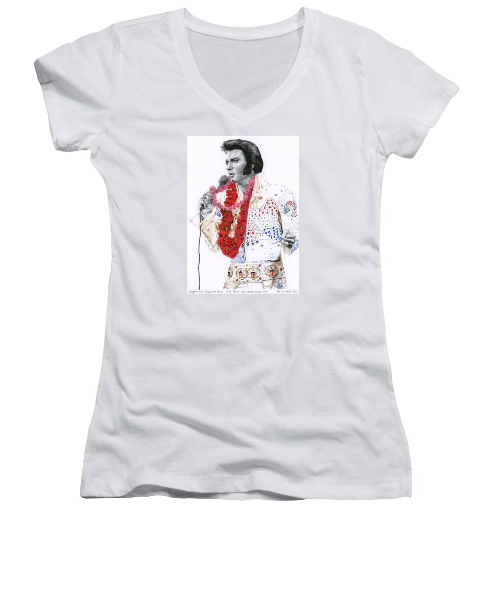 Elvis Women's V-Neck featuring the drawing 1973 Aloha Bald Headed Eagle Suit by Rob De Vries