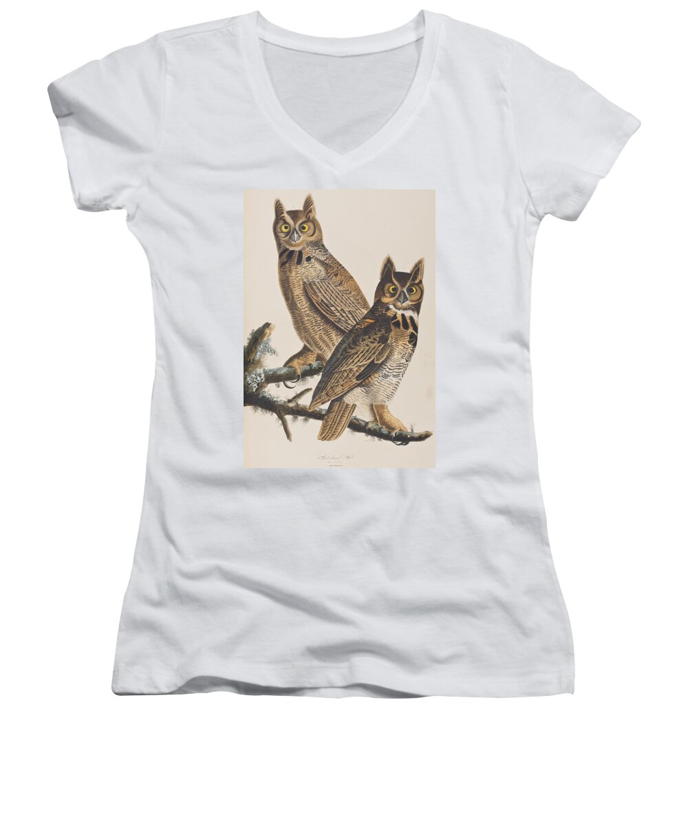 Great Horned Owl Women's V-Neck featuring the painting Great Horned Owl by John James Audubon