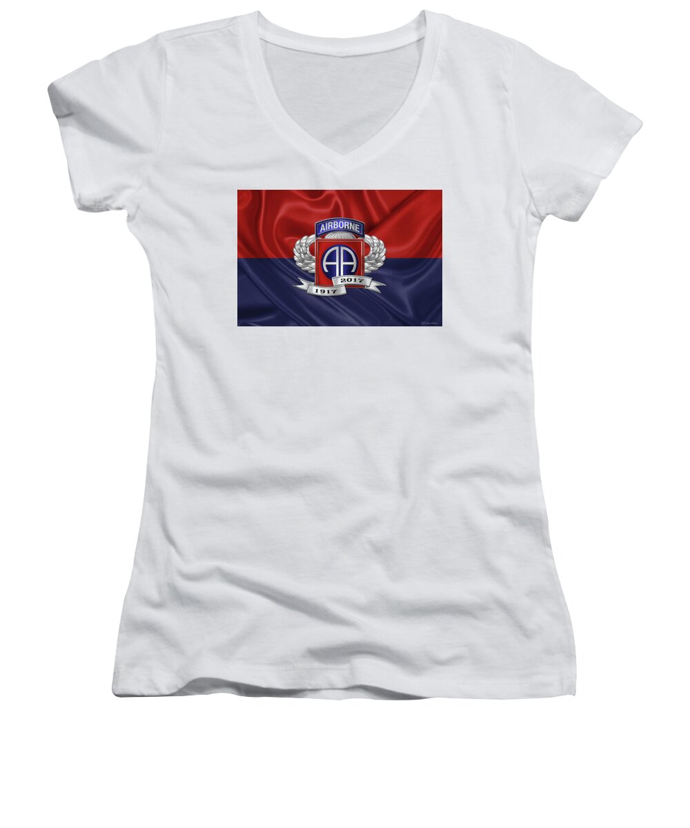 'military Insignia & Heraldry' Collection By Serge Averbukh Women's V-Neck featuring the digital art 2nd Airborne Division 100th Anniversary Insignia over Division Flag by Serge Averbukh