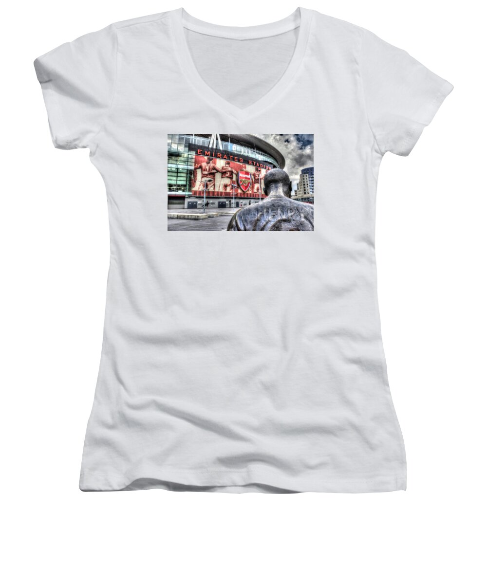 Thierry Henry Women's V-Neck featuring the photograph Thierry Henry Statue Emirates Stadium #3 by David Pyatt