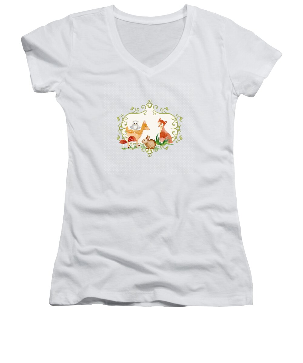 Woodland Women's V-Neck featuring the painting Woodland Fairytale - Animals Deer Owl Fox Bunny n Mushrooms #3 by Audrey Jeanne Roberts