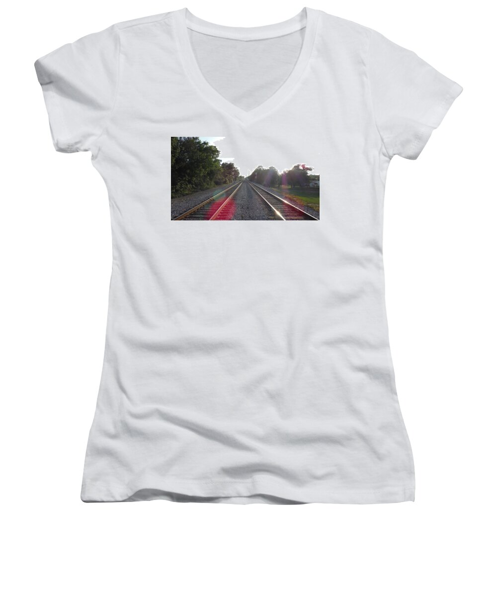 Railroad Women's V-Neck featuring the photograph Railroad #4 by Jackie Russo