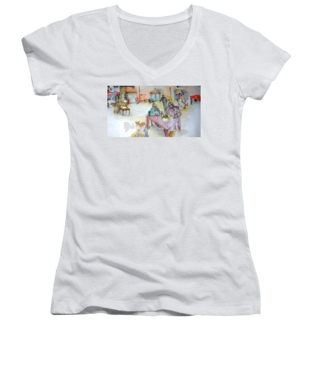Italy. Cityscape. Figures. Dog. Children Women's V-Neck featuring the painting Italy love scroll #5 by Debbi Saccomanno Chan