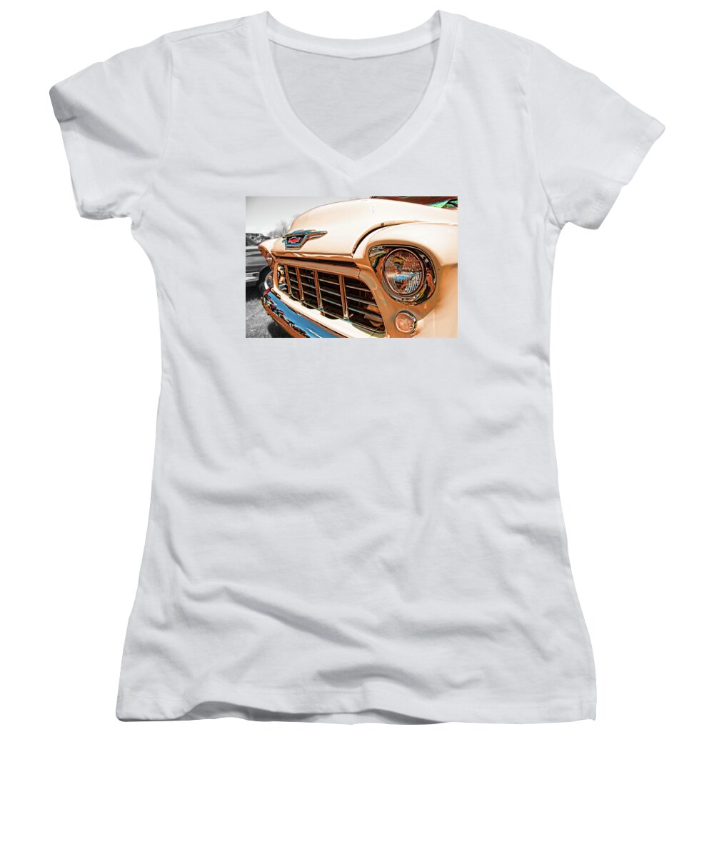 1955 Women's V-Neck featuring the photograph '55 Chevy 3100 #55 by Daniel Adams