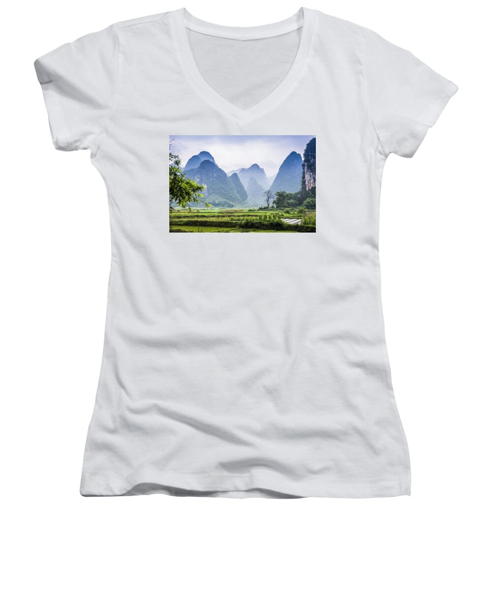 Karst Women's V-Neck featuring the photograph Karst rural scenery in spring #7 by Carl Ning