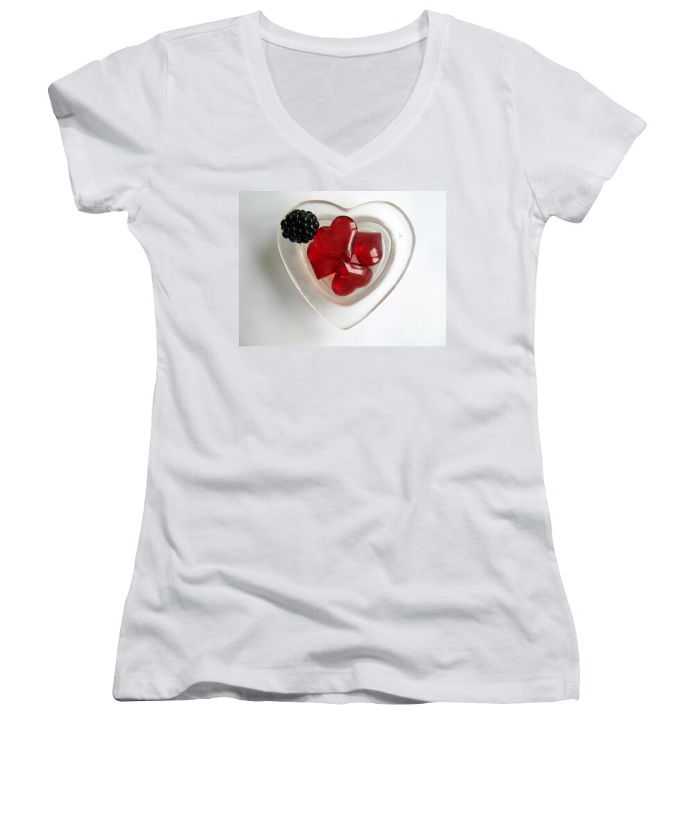 Heart Women's V-Neck featuring the photograph A Bowl of Hearts and a Blackberry by Ausra Huntington nee Paulauskaite