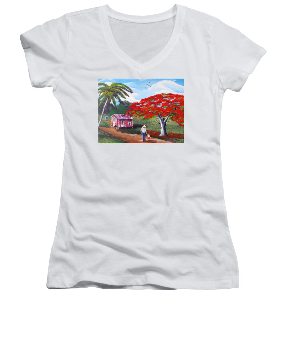Flamboyan Women's V-Neck featuring the painting A Memorable Walk by Luis F Rodriguez