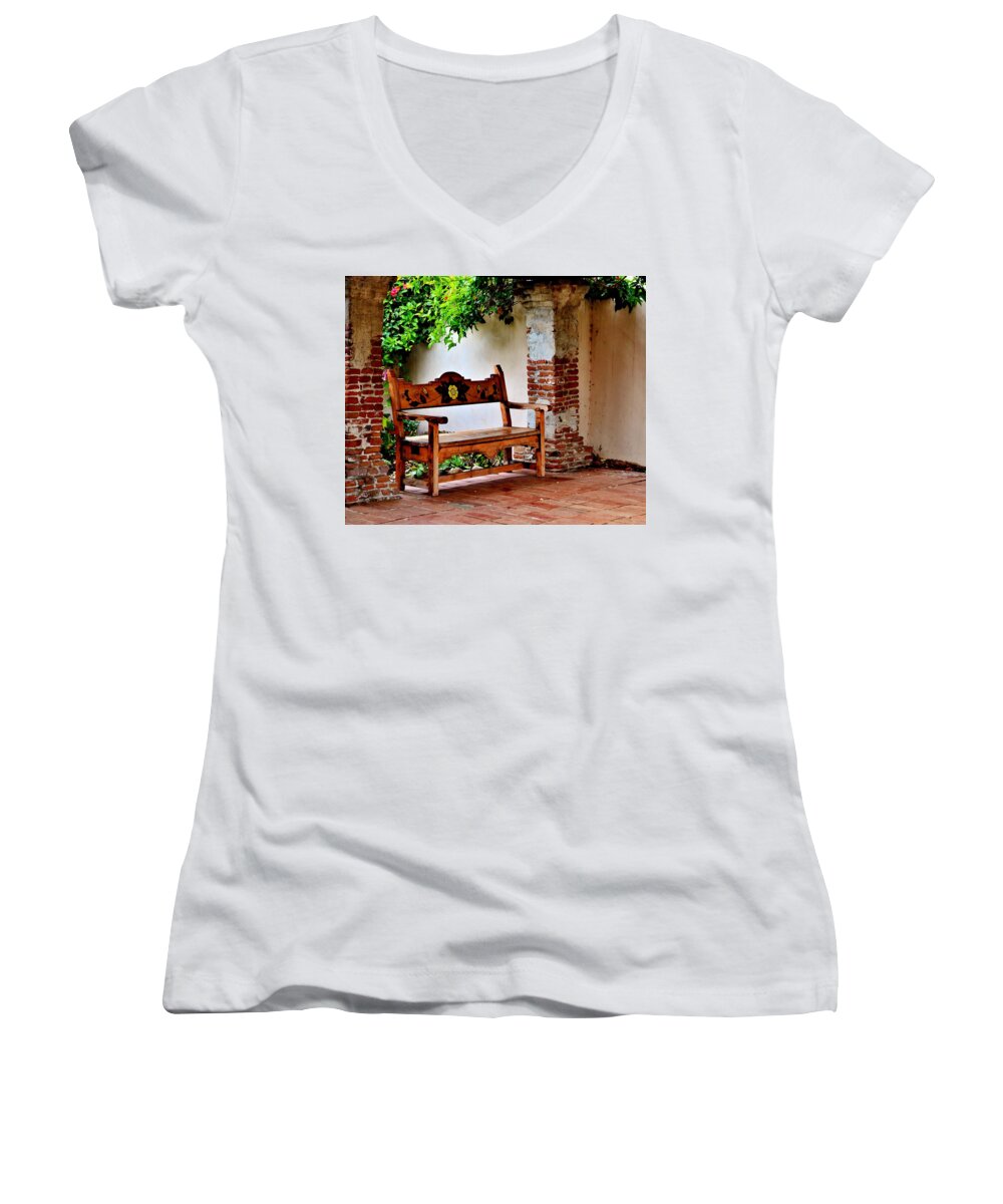 Bench Women's V-Neck featuring the photograph A Necessary Respite by Eileen Brymer