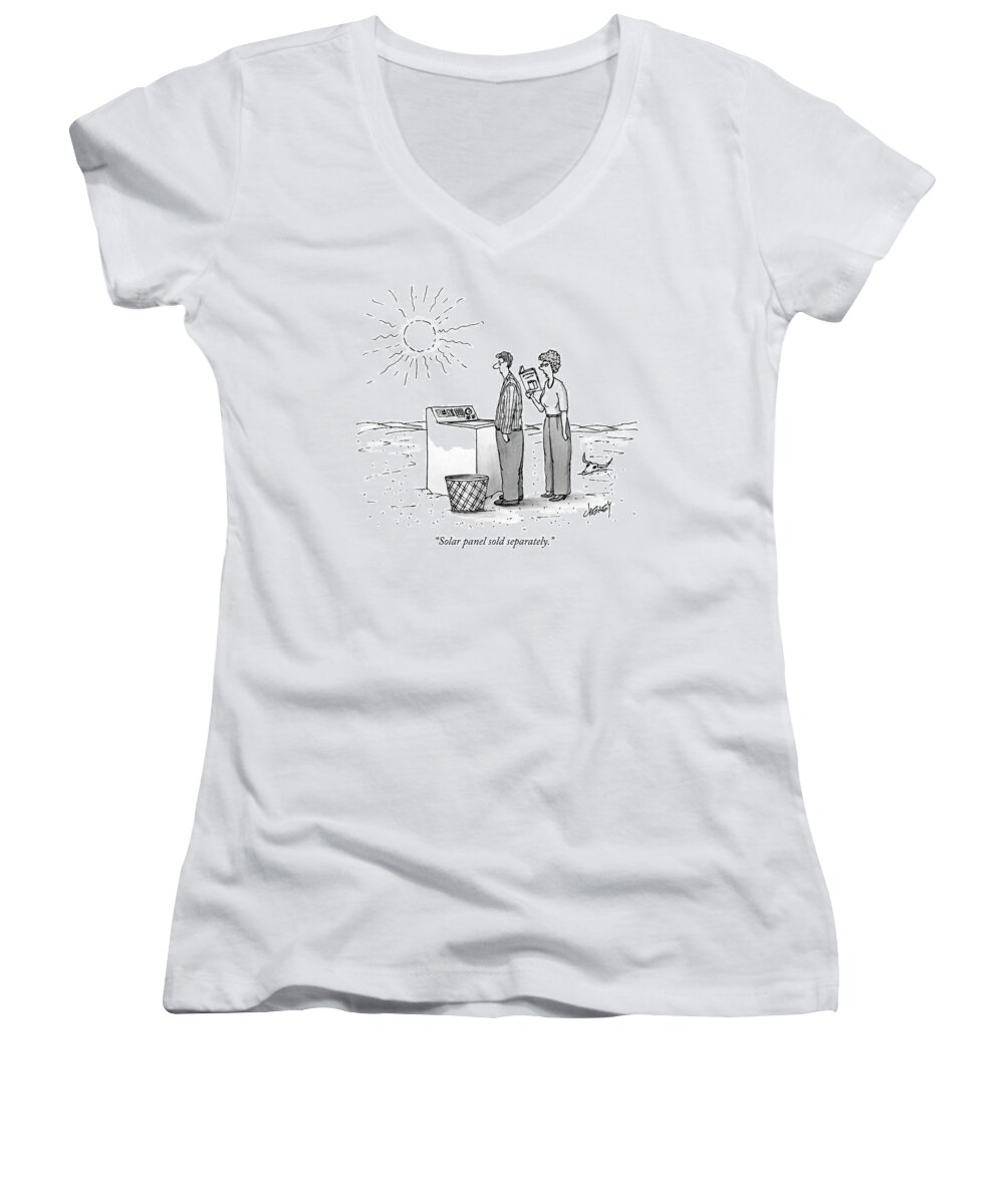 solar Panel Sold Separately. Women's V-Neck featuring the drawing A Wife Reads Her Husband The Instructions by Tom Cheney