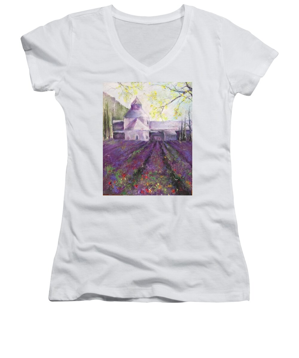 Abbey Women's V-Neck featuring the painting Abbey Senanque  by Robin Miller-Bookhout