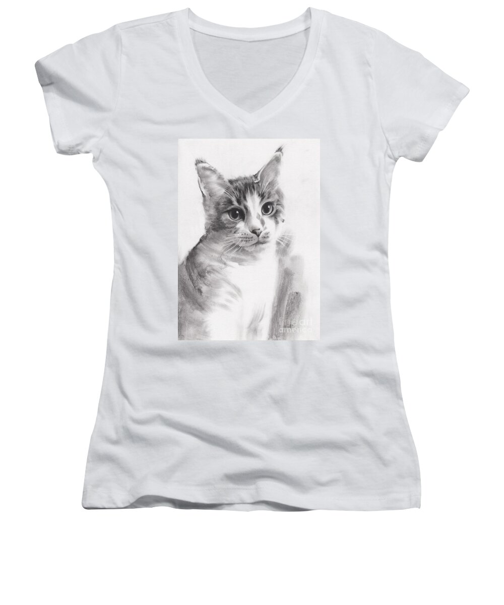 Figurative Women's V-Neck featuring the drawing Abbie by Paul Davenport