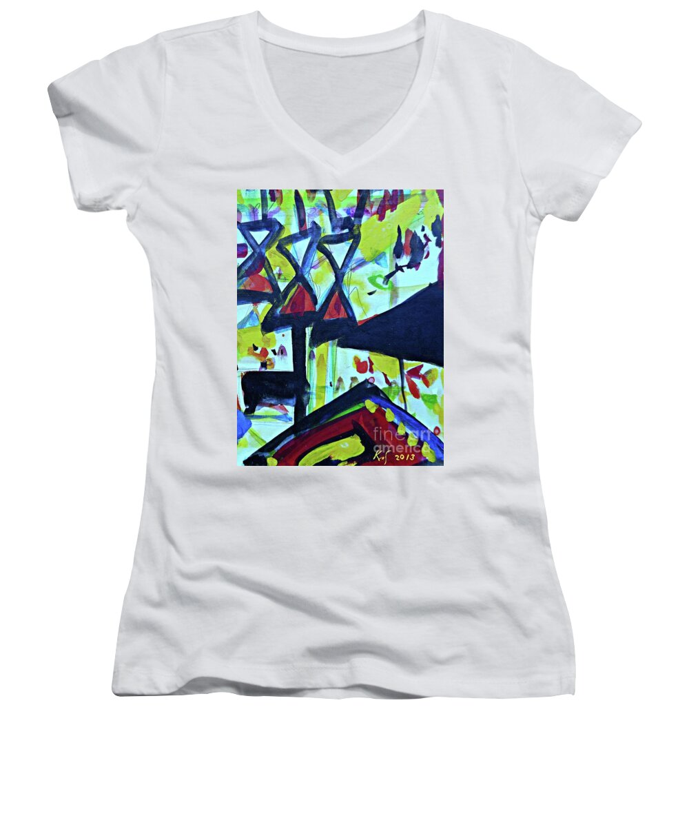 Katerina Stamatelos Women's V-Neck featuring the painting Abstract-27 by Katerina Stamatelos
