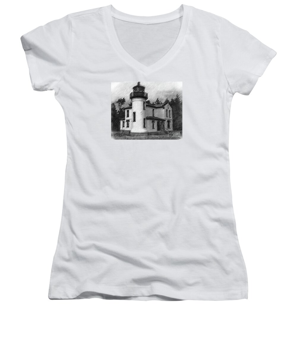 Lighthouse Women's V-Neck featuring the digital art Admiralty Head Lighthouse Sketched by Kirt Tisdale