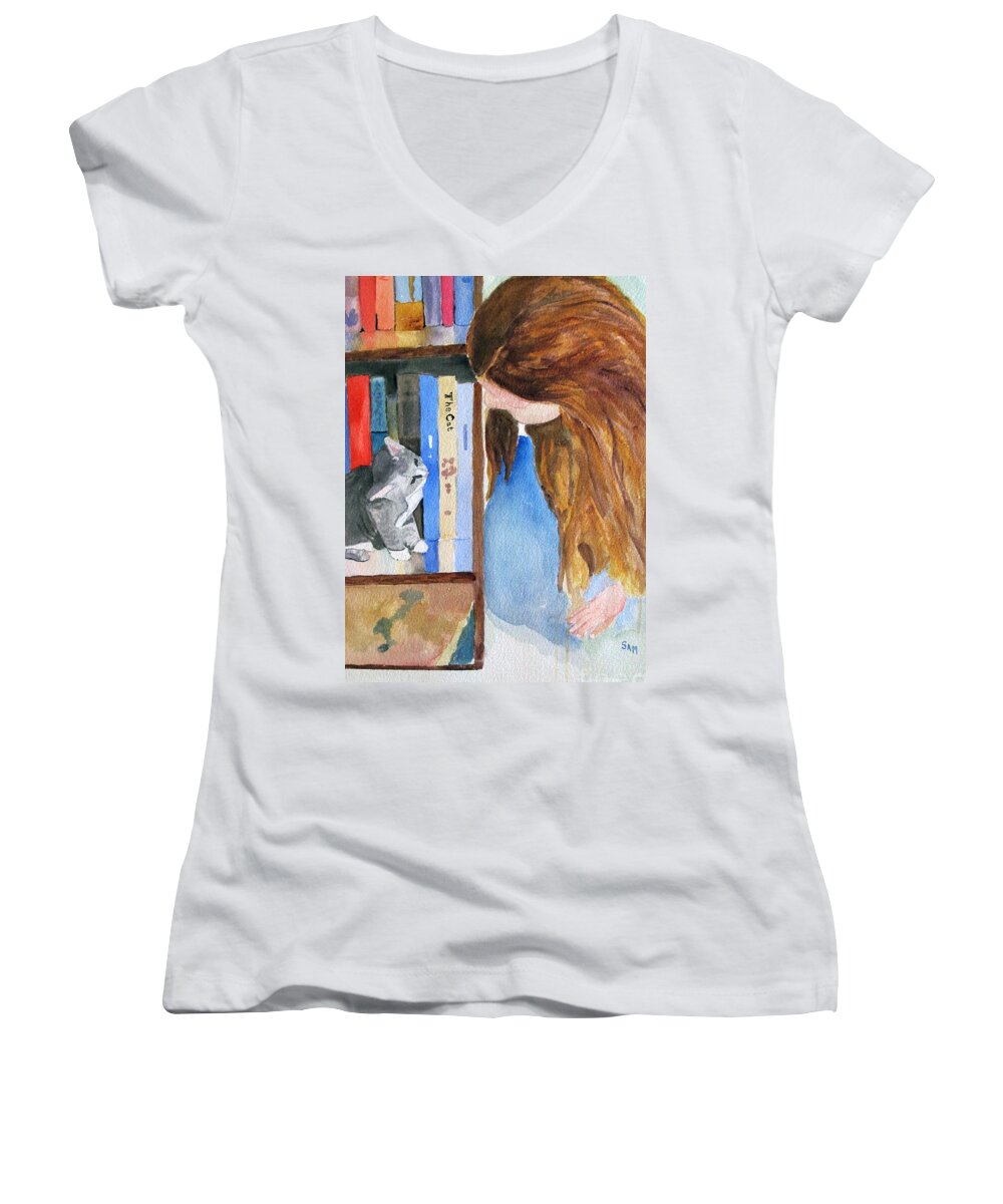 Kitten Women's V-Neck featuring the painting Adorable by Sandy McIntire
