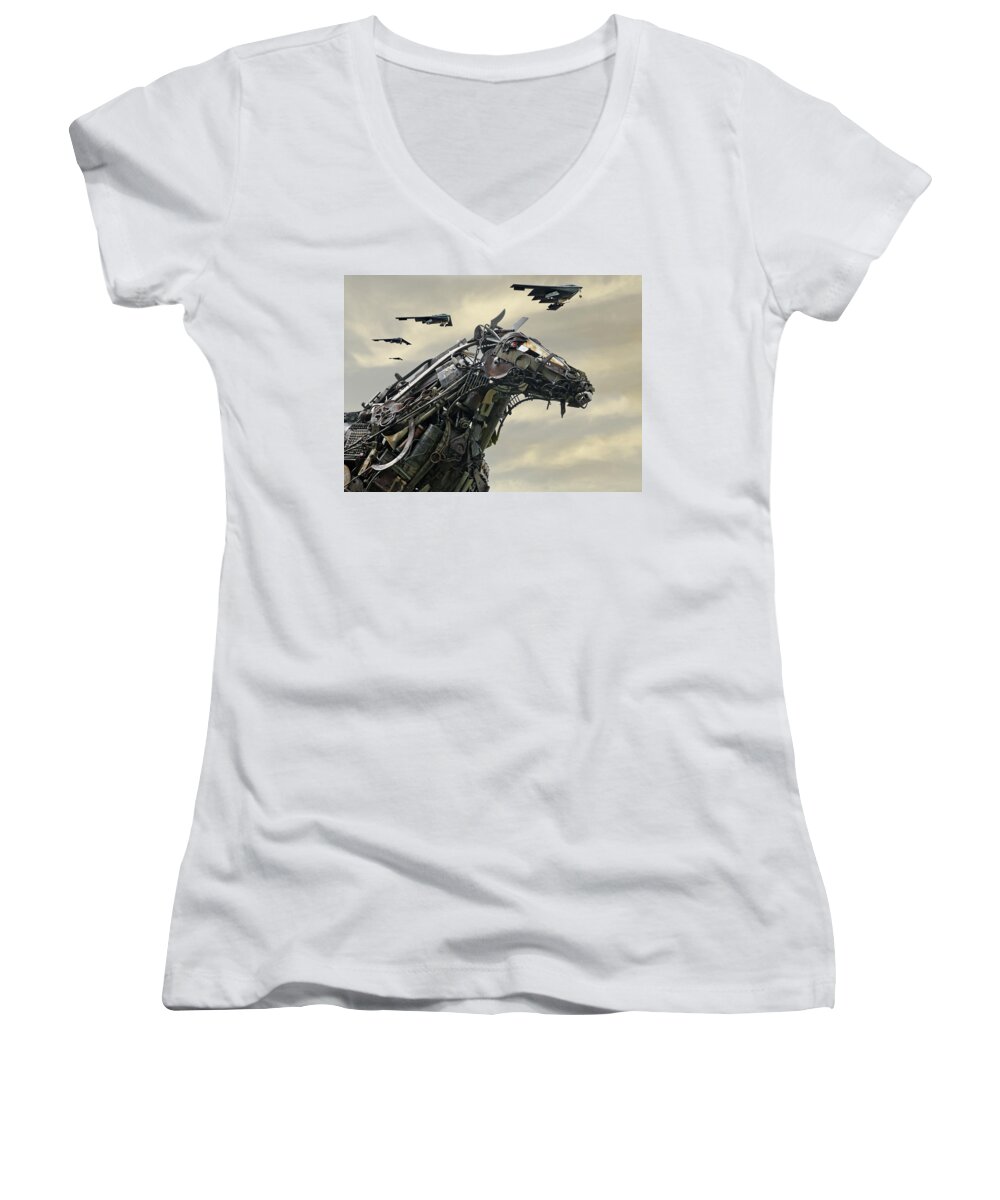 B2 Women's V-Neck featuring the photograph Advance of the Machines by Christopher McKenzie